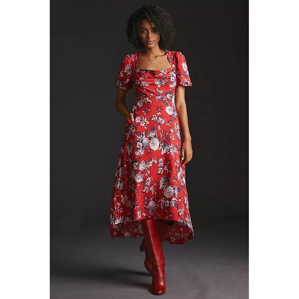 NWT Anthropologie Maeve Red Floral Puff Sleeve Midi Dress Size 16